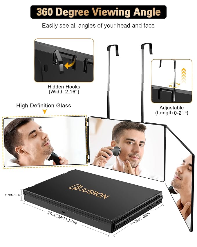 JUSRON 360 Viewing Angle Self Hair Cutting Mirror, Clear Anti-Fog HD Glass (Black Without LED Without Accessories)