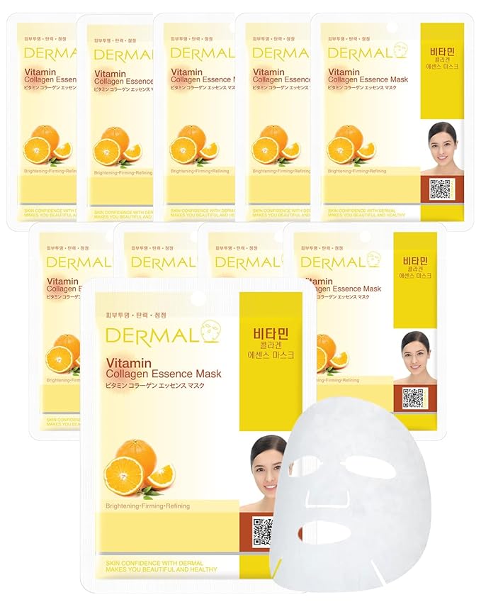 Dermal Korea Collagen Essence Full Face Facial Mask Sheet - Vitamin pack of 10