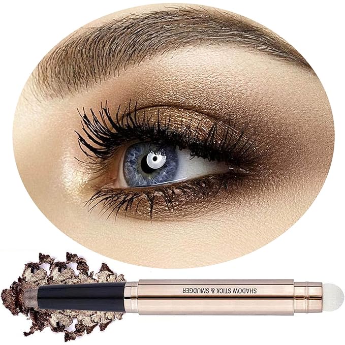 2 in 1 Cocoa Brown Eyeshadow Sticks and Sponge Makeup Brush Silky Cream Glitter Eyeshadow Pencil Crayon Long Lasting Waterproof Eye shadow Highlighter Stick Pen(Thriving brown shimmer 07#)