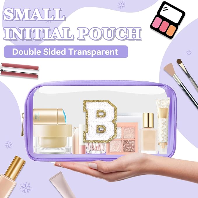 Small Clear Personalized Initial Makeup Bag,Nylon Preppy A-Z Chenille Letter Patch Cosmetic Pouch Beach Toiletry Bag,Waterproof Zip Travel Purse Storage Bag Organizer for Women Girls(Purple-White B)
