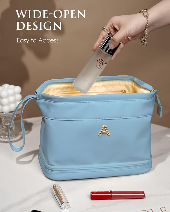 Travel Essentials for Friends Female Mom, Personalized Makeup Bag, Double Layer Cosmetic Bag with Makeup Brush Organizer, Waterproof, Large Capacity PU Leather Toiletry Bag Customized Gifts