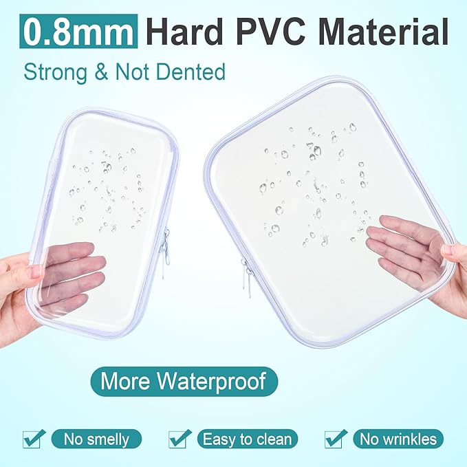 Hoolerry 3 Pcs Clear Hard Zipper Case Plastic Pouch Transparent Hard Case Clear Makeup Bag Portable Travel Organizer Bin for Cosmetics, Building Blocks, Puzzles(White,Mss)