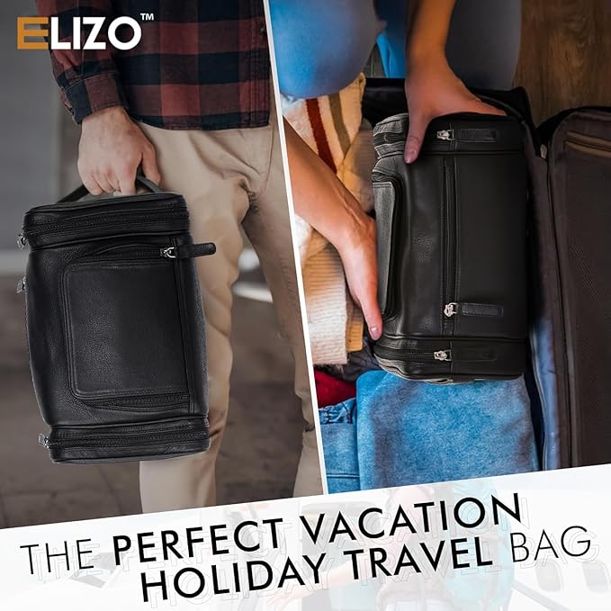 ELIZO Genuine Leather Toiletry Bag for Men Mens Toiletry Bags for Traveling Waterproof Hanging Leather Dopp Kit w/Hook Extra largeToiletry Bag Travel Organizer for Toiletries