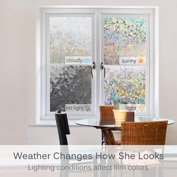 Volcanics Window Privacy Film with Installation Tools, Static Clings Vinyl 3D Decals, Stickers Rainbow Film for Glass Door Heat Control Anti UV 29.5 x 78.7 Inches
