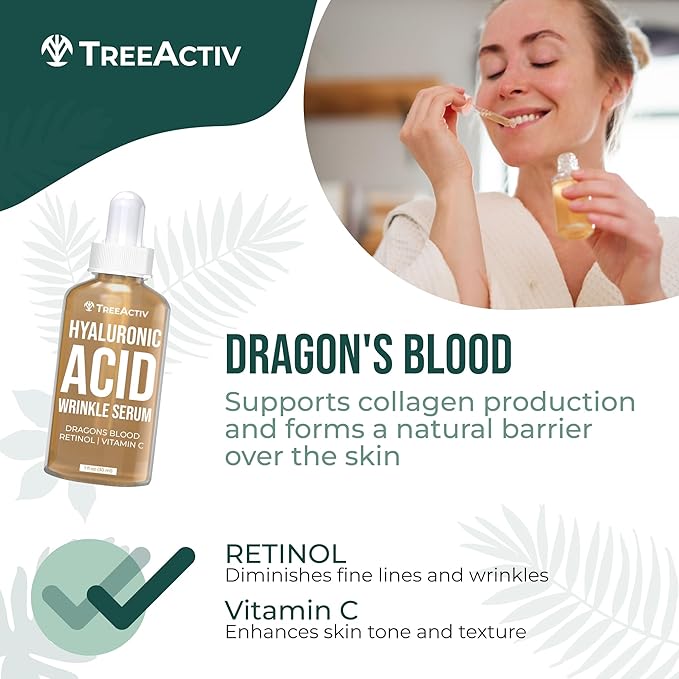 Hyaluronic Acid Wrinkle Serum, Vitamin C Serum for Face with Hyaluronic Acid, Retinol Serum for Face for Skin Elasticity, Fine Lines, and Dark Spots, Wrinkle Serum, 60-Day Supply TreeActiv