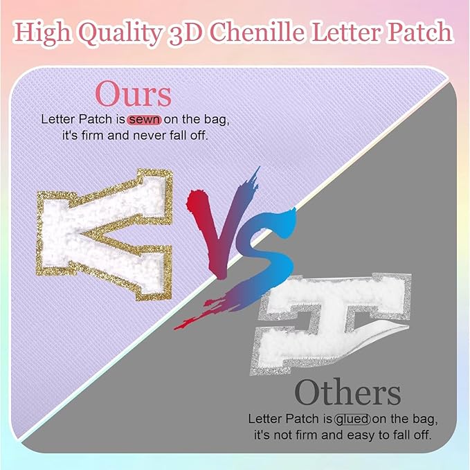 Small Personalized Letter Makeup Bag, Cute PU Leather Chenille Letters Cosmetic Bag Travel Makeup Pouch, Preppy Travel Organizer Zipper Pouch for Women&Girls（Purple-W）