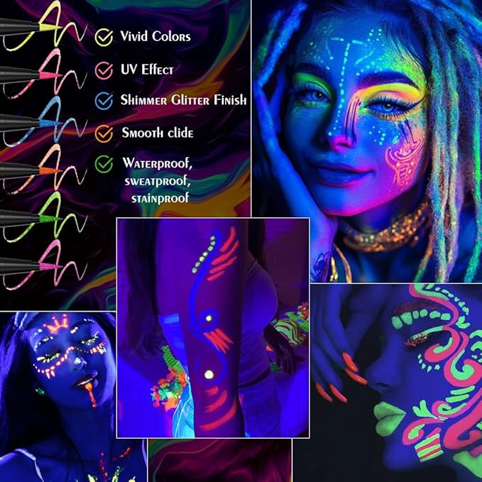 evpct Purple Shimmer Eyeliner UV Neon Gel Eyeliner Pencil Makeup, Rainbow Halloween Colored Colorful Gel Eye Liner Pen Glow in Dark Makeup, Long Lasting Waterproof Eyeliners for Face Body Painting