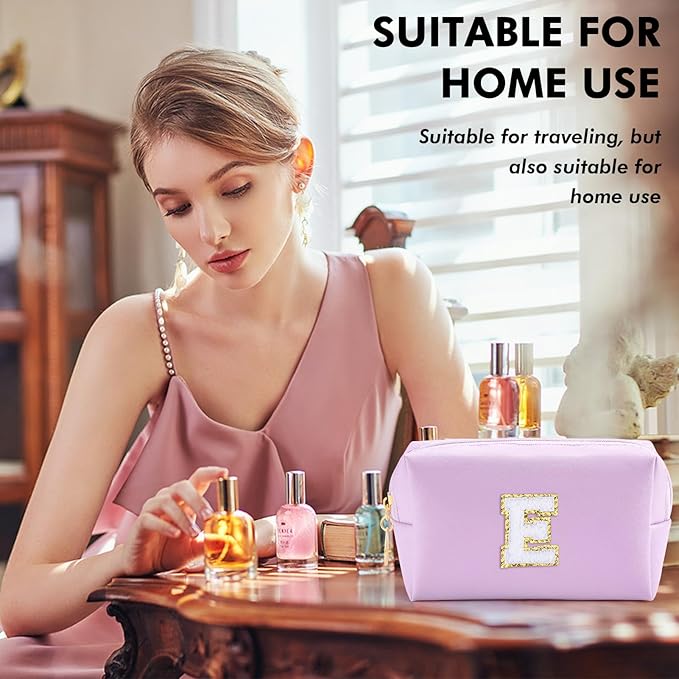 Gifts for Girls Initial Makeup Bag Personalized Cosmetic Bag with Zipper Cute Travel Toiletry Bag Waterproof PU Preppy Makeup Pouch Birthday Gift for Teen Girls Women(Purple E)