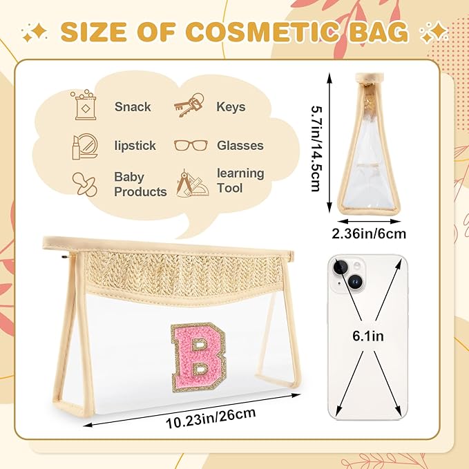 Small Boho Straw Initial Letter Makeup Bag Personalized Gift ,Cute Clear Chenille Patch Makeup Bag With Zipper,Trendy TSA Approved Travel Toiletry Bag,Gift for Women Girls Birthday Friend, Letter B