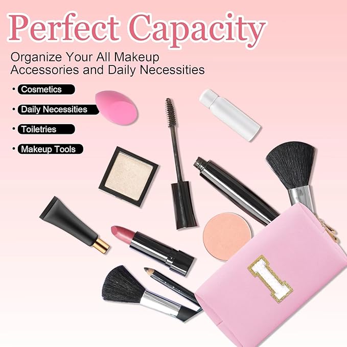 Small Personalized Letter Makeup Bag, Cute PU Leather Chenille Letters Cosmetic Bag Travel Makeup Pouch, Preppy Travel Organizer Zipper Pouch for Women&Girls（Pink-I）