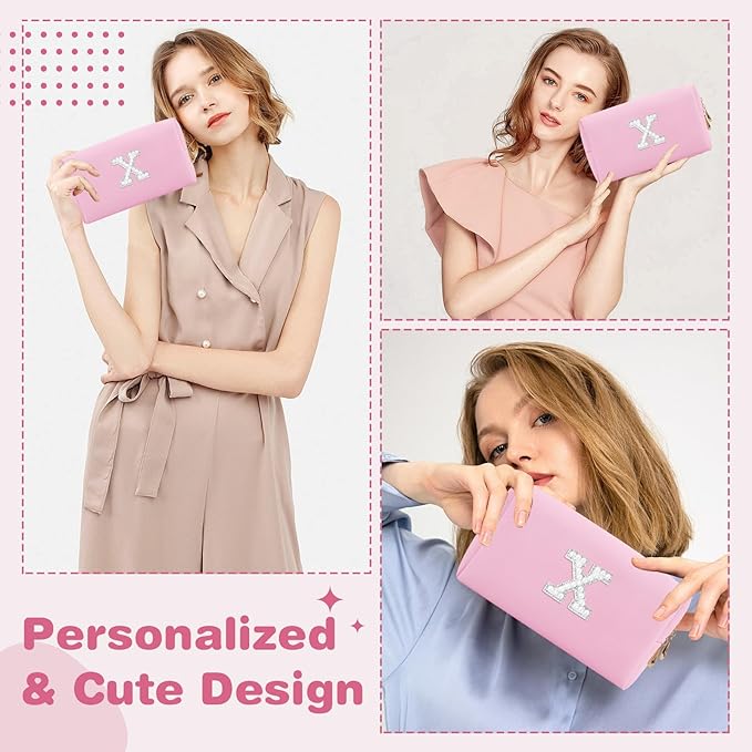 ChaoGreat Bride Gifts – Personalized Initial Makeup Bag with Pearl Rhinestone Patch, Preppy Pink Monogram Cosmetic/Toiletry Pouch, bridesmaid Gifts, Bridal Shower Gifts, Wedding Gifts, Bridal Gifts,X