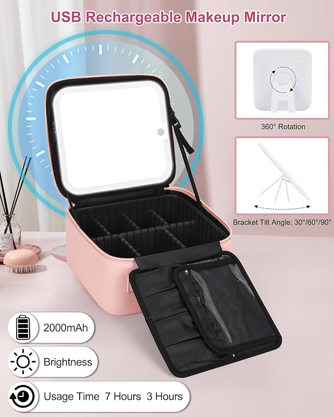 Relavel Initial Makeup Bag with LED Mirror for Women Girls, Personalized Travel Cosmetic Organizer Train Case, Birthday Gifts for Grandkids Bridesmaid Graduation Teacher Friends, Trendy Stuff, Pink B