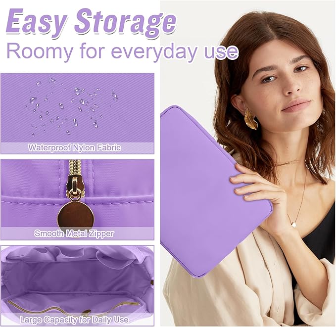 Nylon Large Makeup Bag Travel Cosmetic Bag Pouch, Preppy Big Makeup Bag Cute Cosmetic Zipper Pouch Purse, Waterproof Toiletry Bag Clutch Makeup Organizer Travel Essentials for Women Men Girls(Purple)