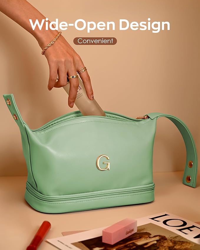 Makeup Bag For Teens 16-18, Personalized Makeup Bag with Handle, Initial Double Layer Cosmetic Bag with Makeup Brush Organizer,Birthday Gift Gifts for 11 12 13 14 15 16 17 18 19 Year Old