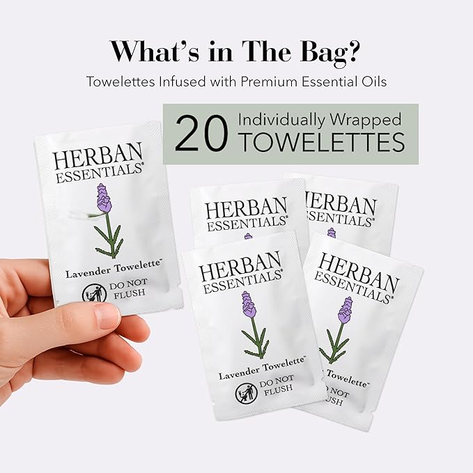 Herban Essentials - Lavender Wipes & Towelettes - Essential Oil Wipes for Make Up, Hands, Face & Body - Travel Size Essentials and Toiletries - Natural, Individually Wrapped and Disposable (20 count)