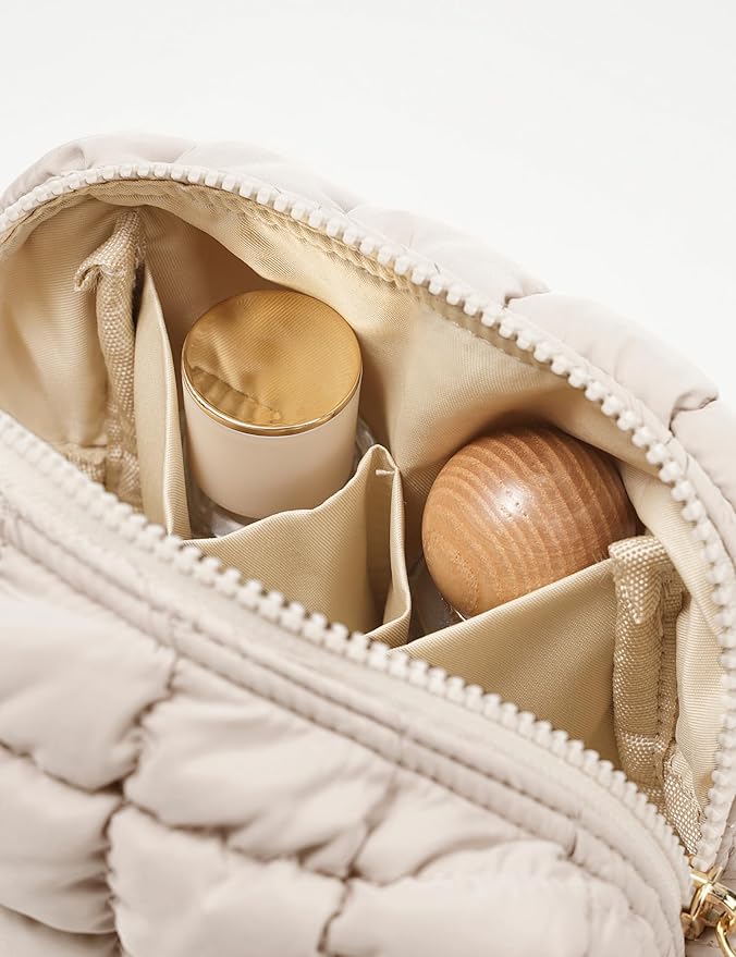 Yarnic Quilted Makeup Bag Cosmetic Bag, Travel Toiletry Bag for Women, Cute Makeup Bag Organizer Puffer Makeup Pouch (S, Beige)