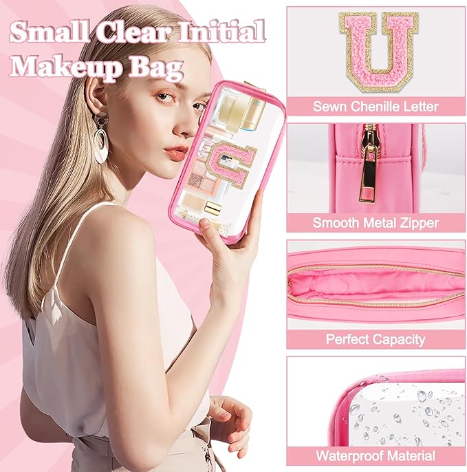 Small Clear Personalized Initial Makeup Bag, Preppy Nylon A-Z Chenille Letter Patch Makeup Organizer TSA Approved Travel Toiletry Bag,Waterproof Zip Beach Cosmetic Pouch Purse for Women(Pink-Pink U)