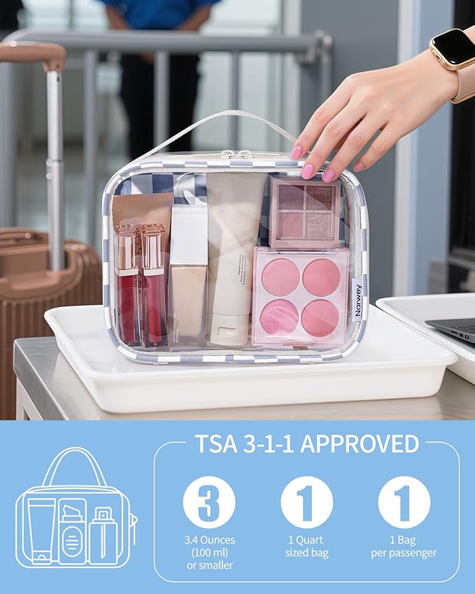 Narwey TSA Approved Clear Toiletry Bag for Travel, Waterproof PVC Clear Makeup Bags Portable Compact Cosmetic Bag Make Up Organizer Airport Airline Quart Size Compliant Bag (Grayish Blue Checkerboard)