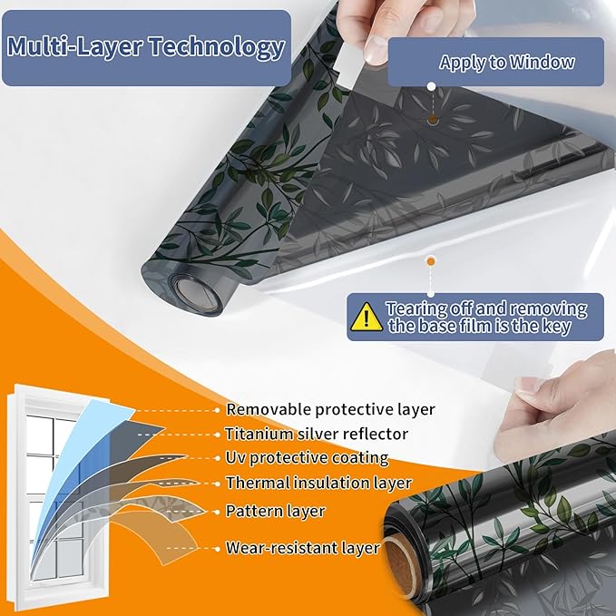 One Way Privacy Film, Window Tint for Home,Daytime Reflective, Anti UV Static Cling Sliding Door Coverings No Glue Garage Solar Paper (Black - Silver-Leaves, 23.6 x 78.7 in)