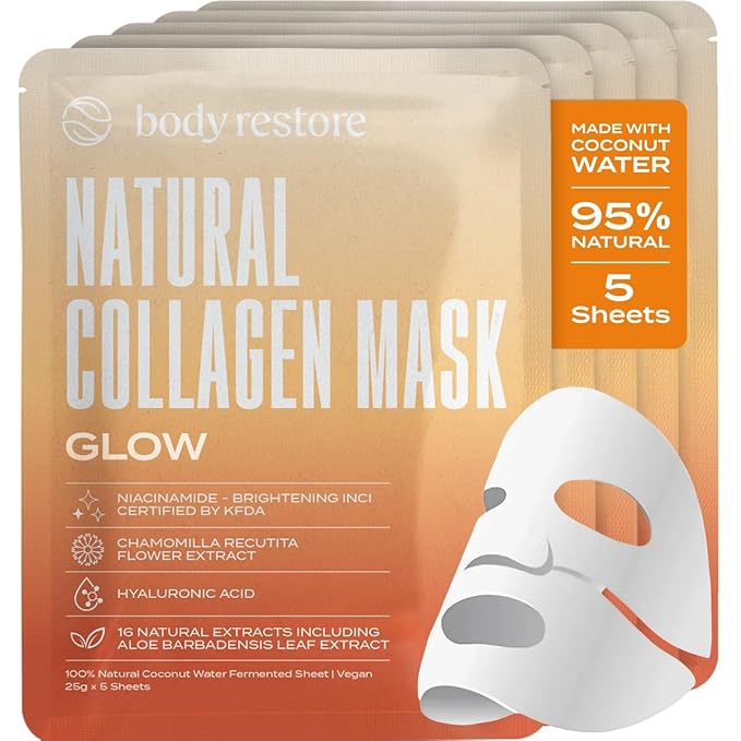 Body Restore Natural Collagen Face Mask 5 Pack – Korean Skin Care Mask with Fermented Coconut Water, Christmas Stocking Stuffers, White Elephant, Birthday Gifts for Women & Men, Dry Skin - Glow