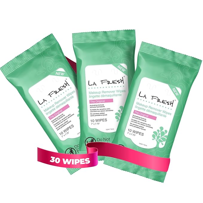 LA Fresh Makeup Remover Wipes with Vitamin E - For Face, Eyes, Lips - Face Wipes Travel Essentials Pack, of 3 10-count Pouches (30-count)