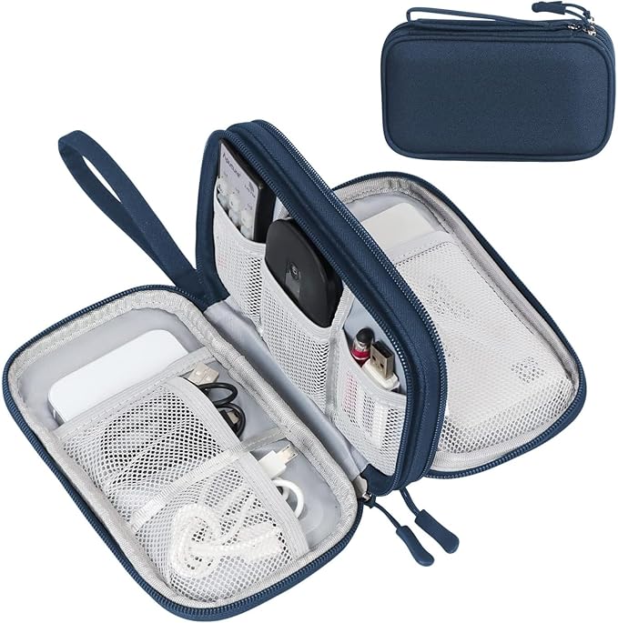 FYY Electronic Organizer, Travel Cable Organizer Bag Pouch Electronic Accessories Carry Case Portable Waterproof Double Layers Storage Bag for Cable, Cord, Charger, Phone, Earphone, Medium Size, Navy