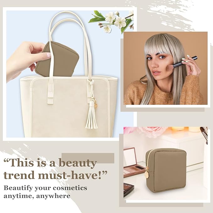 Nylon Mini Makeup Bag for Purse, Preppy Small Cute Makeup Bag Cosmetic Zipper Pouch Purse, Waterproof Travel Coin Pouch Sanitary Napkin Storage Bag Clutch Makeup Organizer Pouch for Women Girls(Khaki)