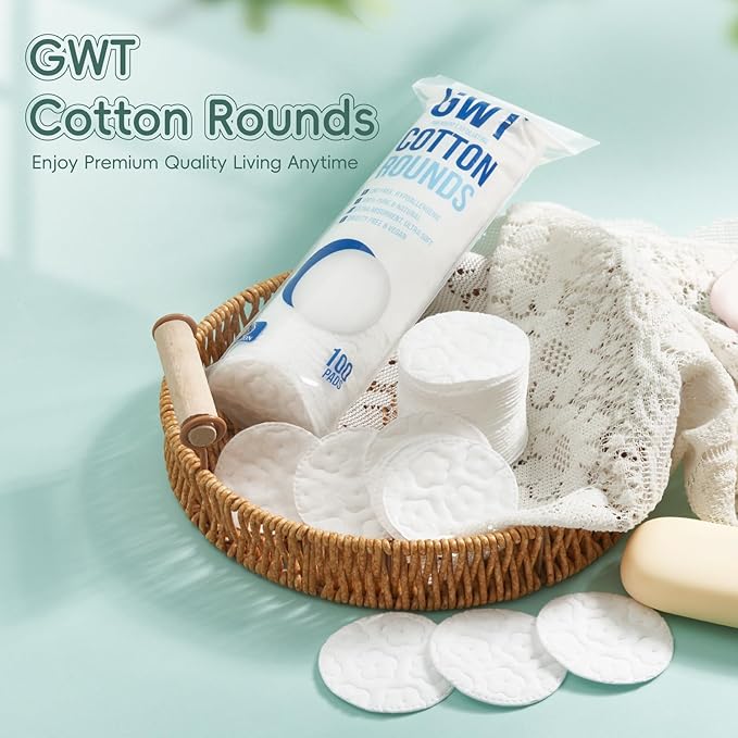 GWT Premium Cotton Rounds for Face, 100% Pure & Lint-Free Cotton Pads, Soft & Absorbent Makeup Remover, Hypoallergenic, Multi-Layer Design (100 Count (Pack of 3))