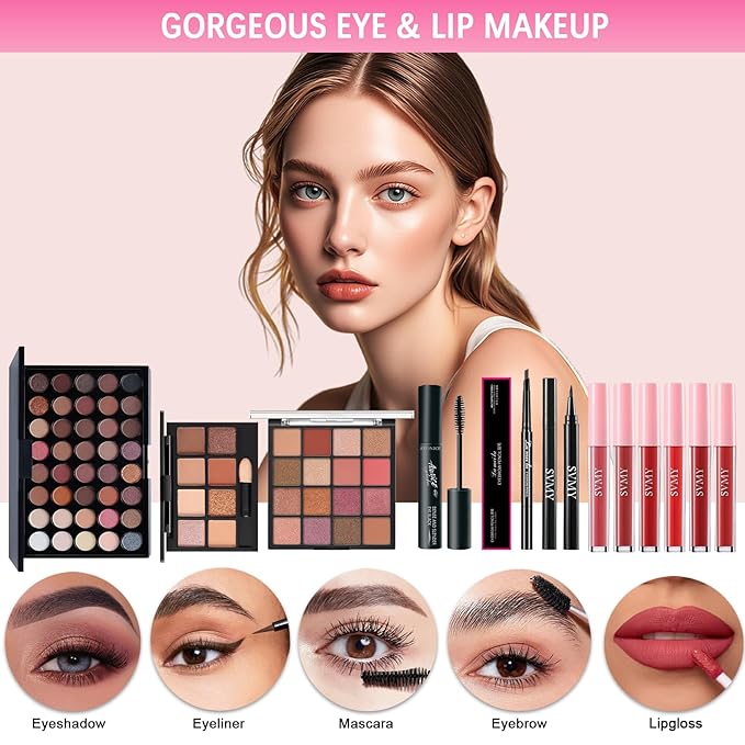 All in One Makeup Kit for Women Full Kit, Makeup Gift Sets for Women Teens Girls, Makeup Essential Bundle Includes Eyeshadow Palette Foundation Eyeliner Contour Stick Lip Gloss Cosmetic Brush Set