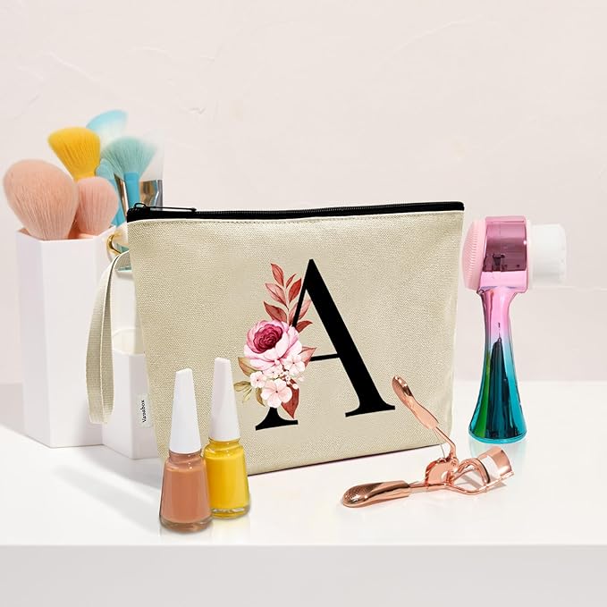 Vavabox A-Z Personalized Makeup Bag, Birthday Gifts for Women Mom, Gifts for Best Friend, Bride Bridesmaid Cosmetic bag (D, Yellow)