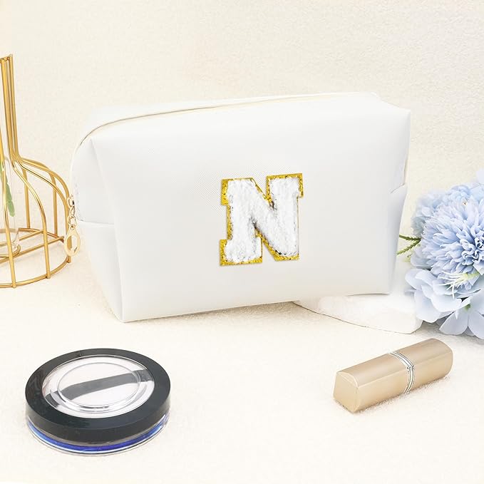 Gifts for Girls Initial Makeup Bag Personalized Cosmetic Bag with Zipper Cute Travel Toiletry Bags Waterproof PU Preppy Makeup Pouch Birthday Gift for Teen Girls Women(White N)