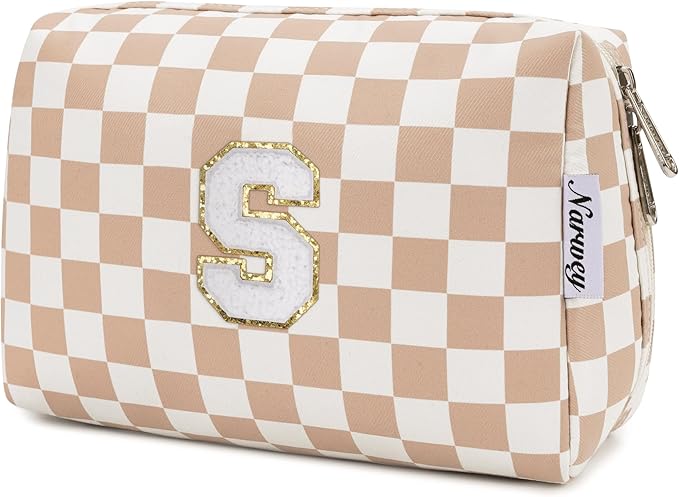 Narwey Birthday Gifts for Women Teen Girls Kids Personalized Initial Checkered Makeup Bag Cute Cosmetic Bag Trendy Stuff 6 8 10 11 12 13 14 16 18 Years Old Travel Toiletry Bag (Brown Letter S)
