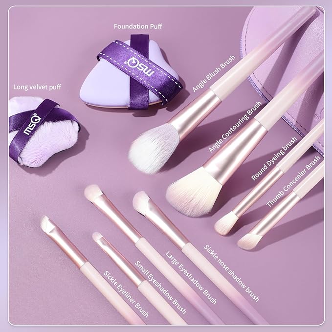 MSQ Make Up Brushes Total 10Pcs-with 8 Makeup Brush & 1 Foundation Puff & 1 Velve Powder Puff with Bag, Synthetic Hair Powder Brushes for Blush Countour Concealer Eyeshadow Eyeliner