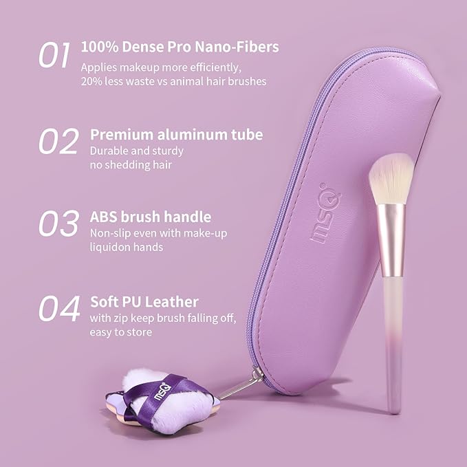 MSQ Make Up Brushes Total 10Pcs-with 8 Makeup Brush & 1 Foundation Puff & 1 Velve Powder Puff with Bag, Synthetic Hair Powder Brushes for Blush Countour Concealer Eyeshadow Eyeliner