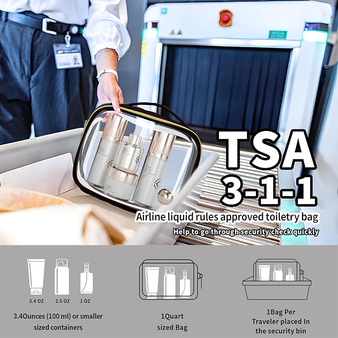 TSA Approved Travel Toiletry Bag,2 Pack Clear Makeup Bags with Handles,Quart Size Clear Cosmetic Bags for Traveling Women,Men,Carry on Airport Airline Compliant Bag,Black