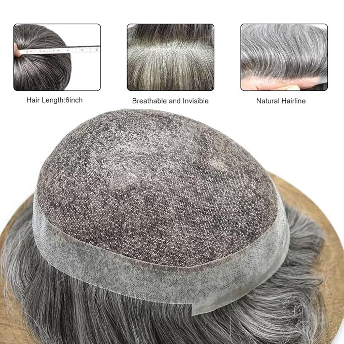 FACE MIRACLE Toupee for Men Lace Center Mens Toupee Hairpiece for Man Human Hair Replacement System Lace Center with Poly around Hair Units Mens Wig Hair Prosthesis 6"X9" #1B60 Off Black with 60% Gray