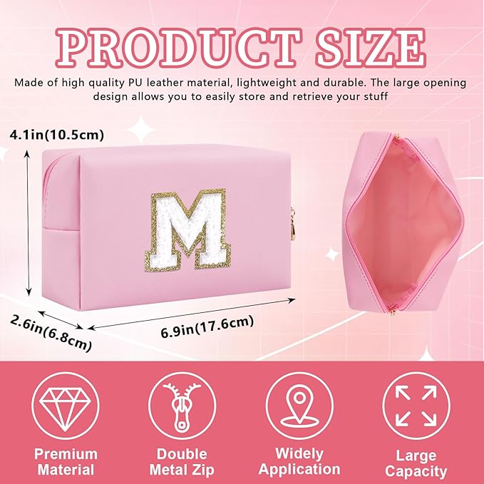 Iqimott Personalized Initial Letter Patch Makeup Bag, Preppy Portable Chenille Letter Cosmetic Bag with Zipper, PU Leather Waterproof Travel Toiletry Bag Monogram Make Up Pouch Girls(Letter M)