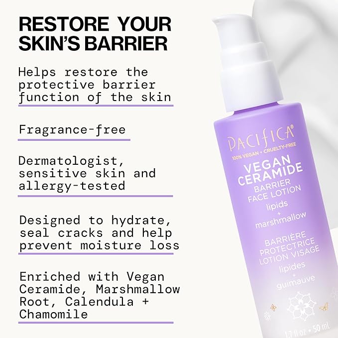 Pacifica Face Moisturizer - Vegan Ceramide Barrier Repair Face Lotion, Hydrating, For Dry Skin, Dermatologist Tested, Safe for Sensitive Skin, Fragrance Free, Vegan + Cruelty Free