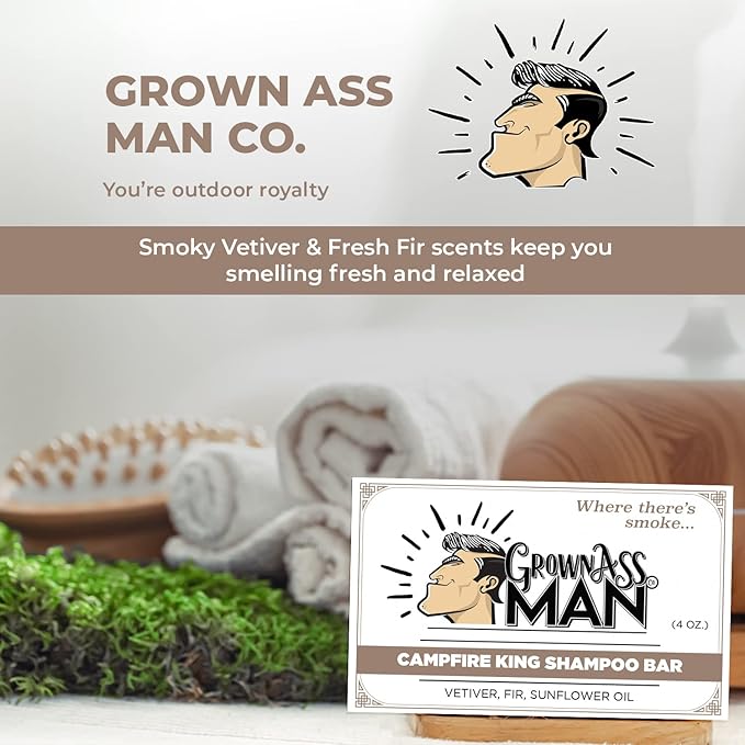 Grown Ass Man Co. - Solid Shampoo Bar Rich Lather 3 in 1: Hair, Beard & Body Wash - Plastic Free & Eco-Friendly, Natural & Organic Clean for All Hair Types, 4oz Bar (Campfire King, 6-Pack)