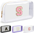 Personalized Initial Letter Clear Makeup Bag,Preppy Small Nylon&PVC Cosmetic Zipper Bag with Chenille Letter,Travel Skincare Toiletry Bag,Monogram Christmas Gift for Teen Girls Women,S