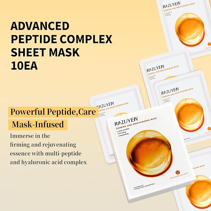 Firming and Moisturizing Sheet Face Masks (Pack of 10) with Hyaluronic Acid and Peptides, Reduce Fine Lines and Wrinkles, Hydrating & Anti-Aging Spa Face Mask, Facial Skin Care
