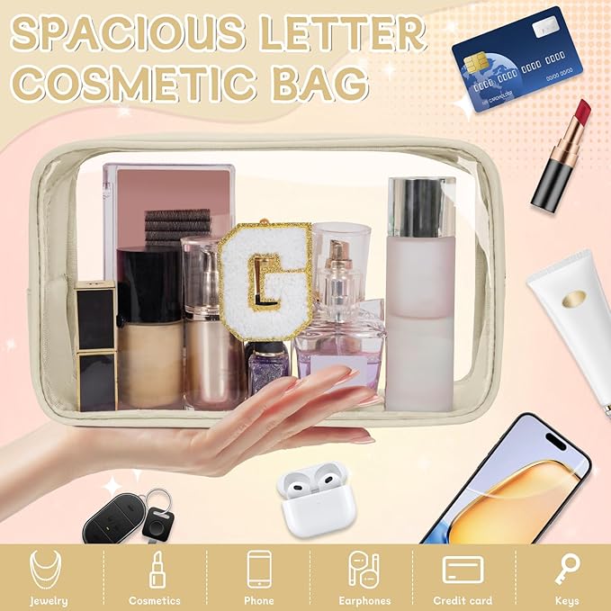Personalized Initial Clear Makeup Bag, Travel Chenille Patch Cosmetic Bag, Preppy Toiletry Bag Monogram Cosmetic Pouch with Zipper, Ideal Gift for Teen Girls Women (Clear-Beige, G)