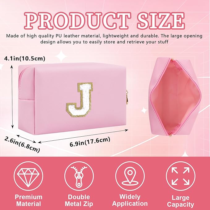 Iqimott Personalized Initial Letter Patch Makeup Bag, Preppy Portable Chenille Letter Cosmetic Bag with Zipper, PU Leather Waterproof Travel Toiletry Bag Monogram Make Up Pouch Girls(Letter J)