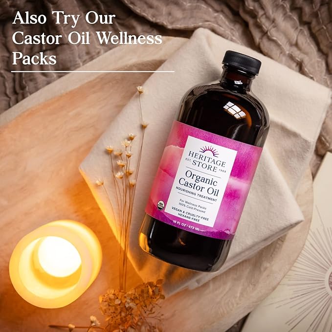 HERITAGE STORE Organic Castor Oil - Glass Bottle - Nourishing Treatment for Hair and Skin - Hair Oil, Eyelash Serum for Eyelashes, Brows, Castor Packs - Cold Pressed, Hexane Free, Vegan 32oz