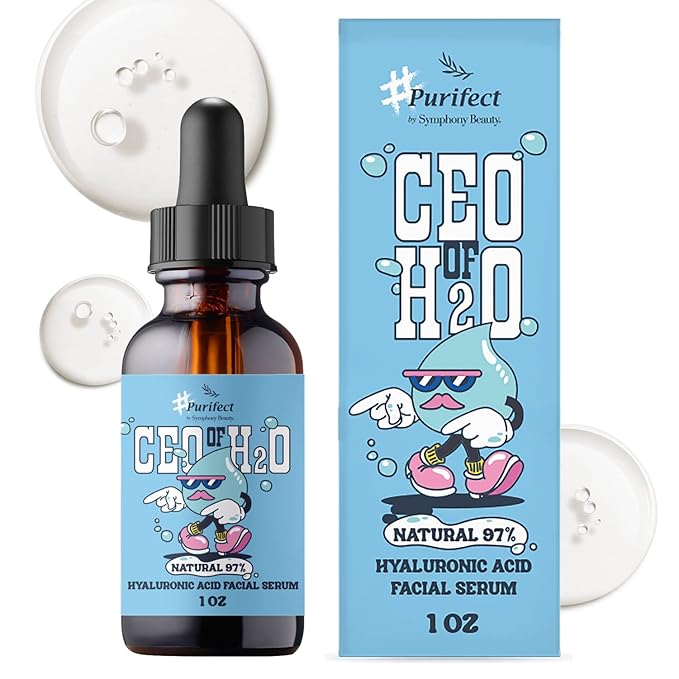 Purifect CEO of H20 Hyaluronic Acid Facial Serum – Hydrating, Moisturizing, Relieves Redness with Vitamin E – Made in USA – Plumping Formula, Pairs Well with Vitamin C Serum & Moisturizer