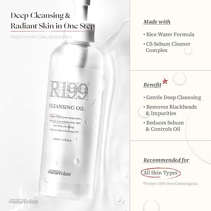 R199 Rice Cleansing Oil- Fast Emulsification, Pore-Cleansing, Blackhead Removal without Clogging Pores, Makeup Dissolving, and Hydrating Formula, Korean Skincare 6.76 Fl Oz
