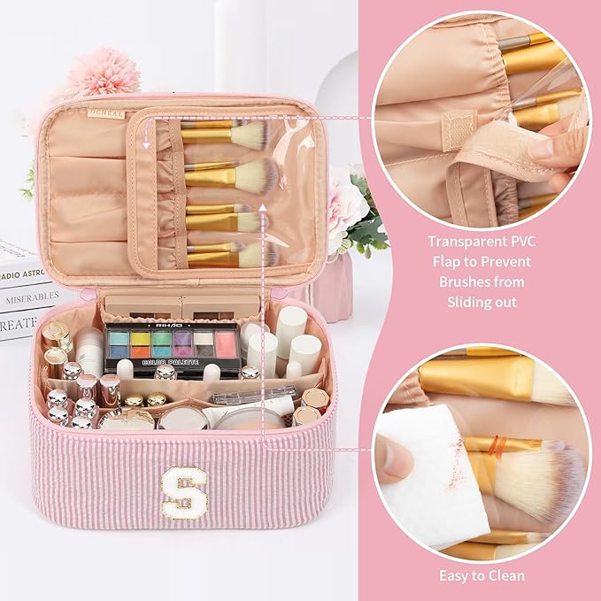 OCHEAL Makeup Bag for Women, Monogram Cosmetic Bag with Brush Holder, Pink Travel Makeup Case Beauty Toiletry Bag Organizer Personalized Gifts for Girls Bridesmaid, Sister, Wife, Friends Initial S