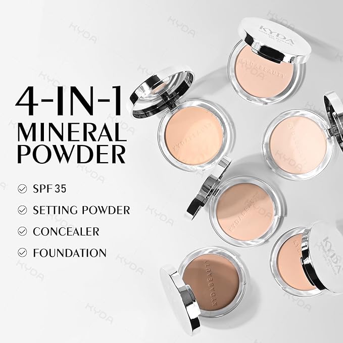 KYDA Mineral Powder, SPF 35, 4-in-1 Mineral Pressed Powder Foundation with Concealer and Setting, Matte Weightless Pressed Foundation, Light to Medium Coverage, NATURAL IVORY