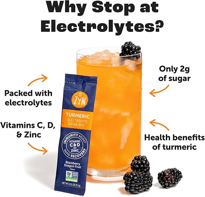 ZYN Electrolyte Drink Mix Hydration Packets, BlackBerry Dragonfruit Electrolytes Powder, Hydration Packets w/Turmeric Curcumin, Vitamin C & D, Zinc, Hydrate & Recover Electrolyte Powder, Pack of 16