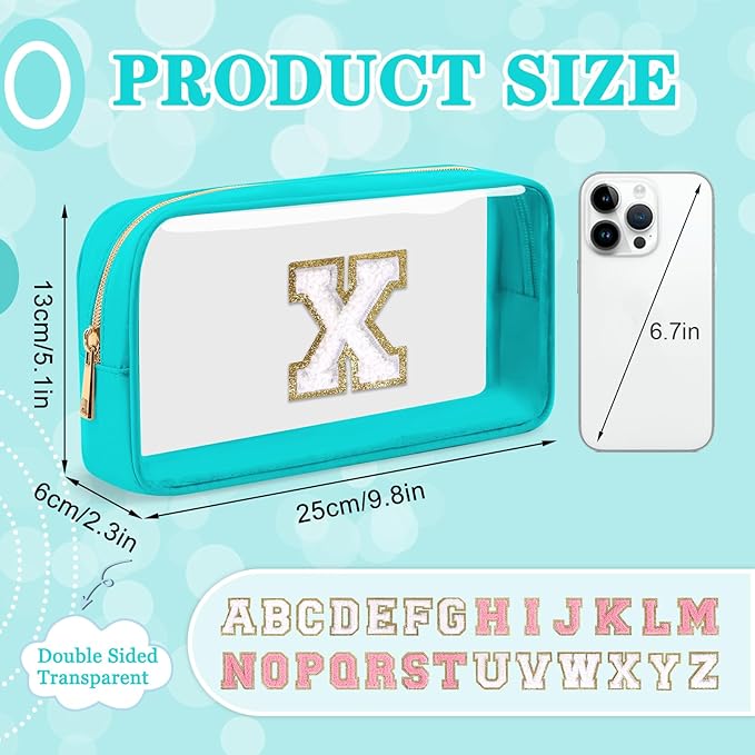 Small Clear Personalized Initial Makeup Bag, Preppy A-Z Chenille Letter Patch Cosmetic Bag, Cute Transparent Nylon Waterproof Zipper Beach Varsity Letter Pouch, Gift for Women Girls(Cyan-White X)